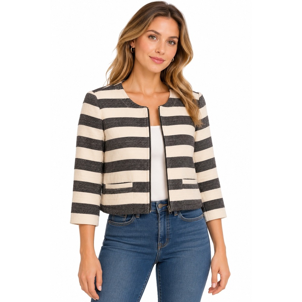 LOFT Jacket Womens 12 Black Cream Striped Collarless Full Zip Cotton Blend